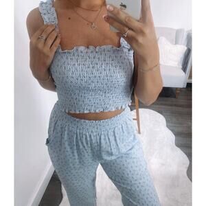 NWOT Mable Light Blue Floral Ruffle hem Wide strap Ruched Crop Top